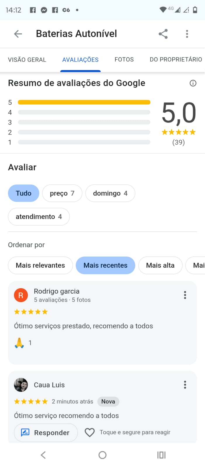 Resumo de avaliações 5,0 no Google