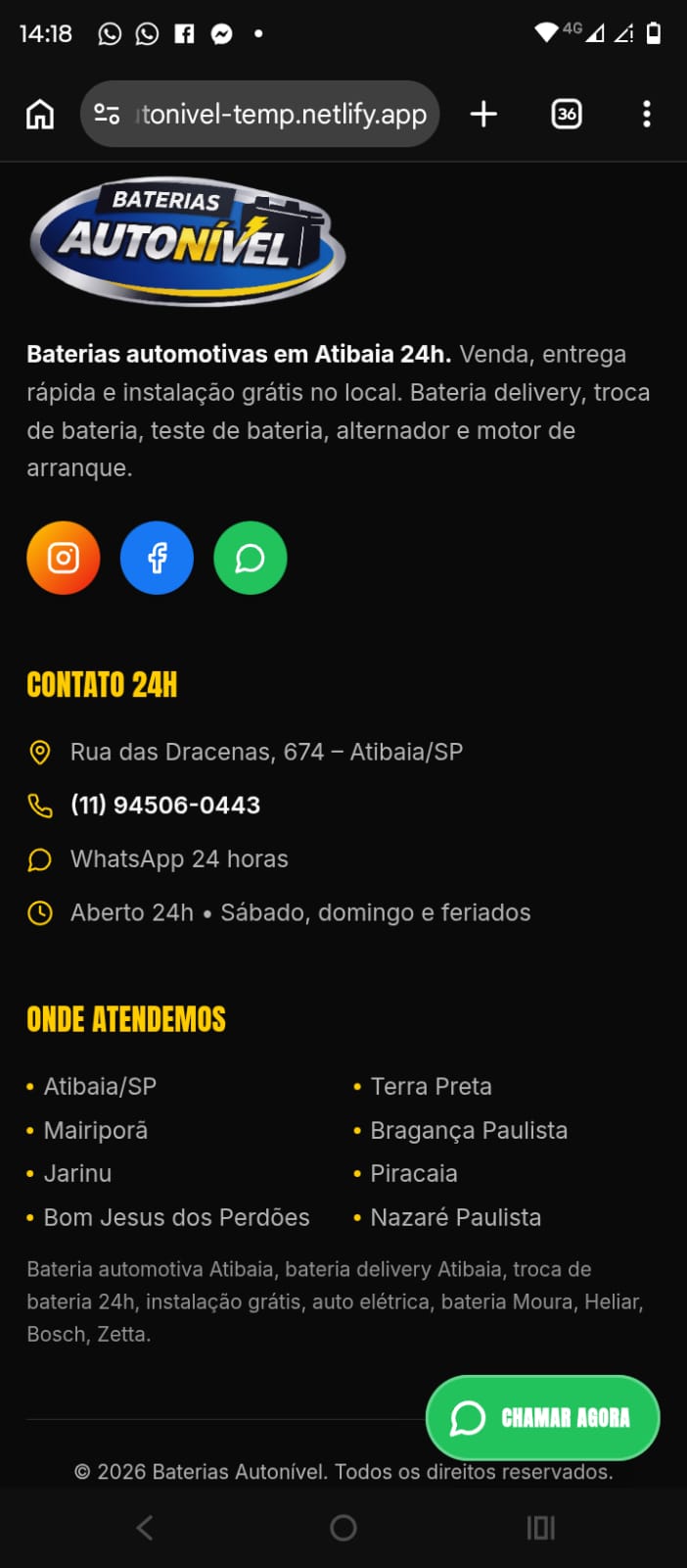 Informações de localização e região atendida pela Baterias Autonível